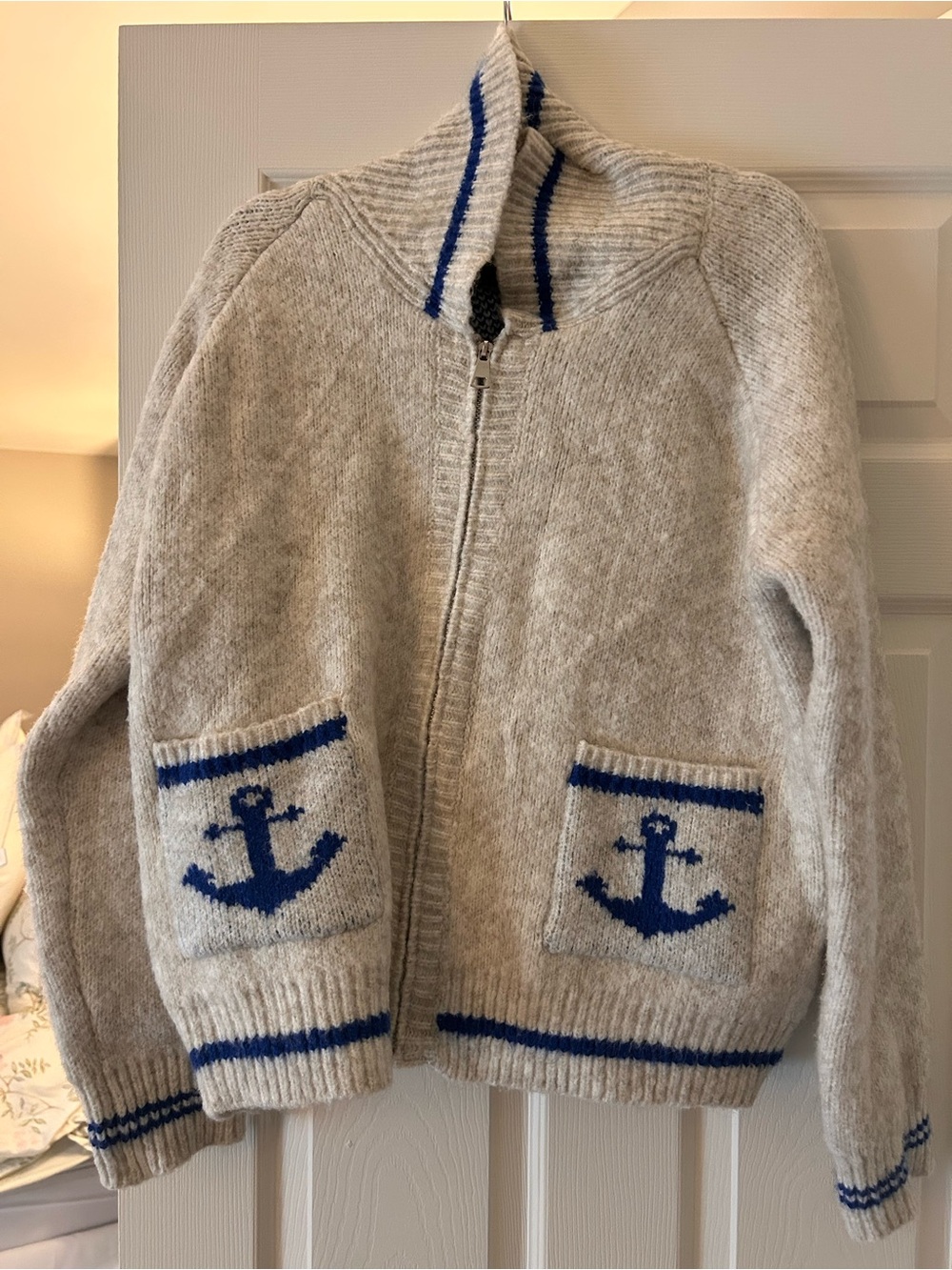 Coastal Anchor Zip-Up Cardigan Sweater - Light Gray/Blue